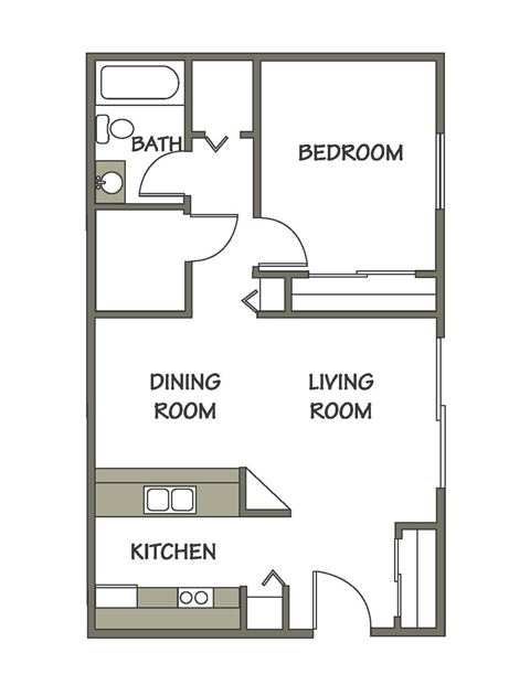 Floor plan for 1 bed, 1 bath, 689 sqft